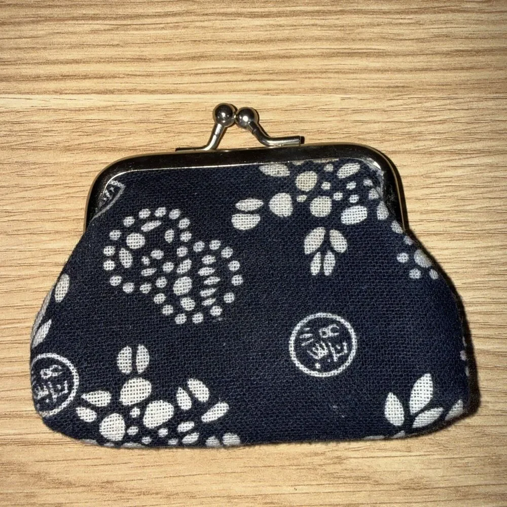 Vintage Chinese Indigo Blue Batik Coin Purse Kiss Lock Fabric Shou Motif Pouch